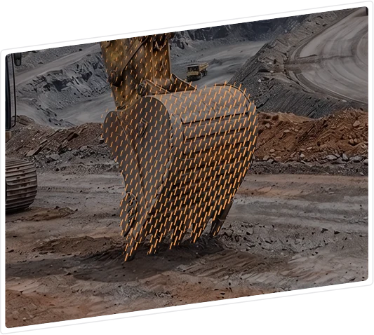 Close-up of an excavator bucket with an dashed pattern on it indicating analysis