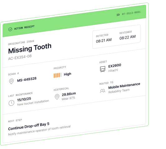 Action receipt detailing the history of the asset, current status, and next steps
